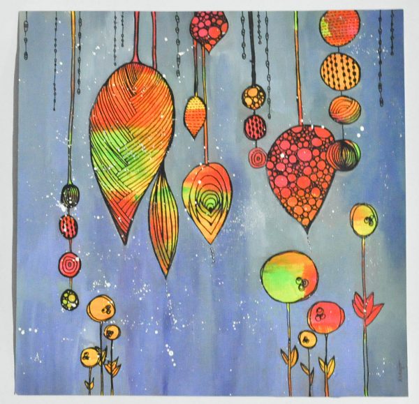 Peinture "Perles de couleurs" Jaunes, oranges, roses, et vertes sur fond bleu