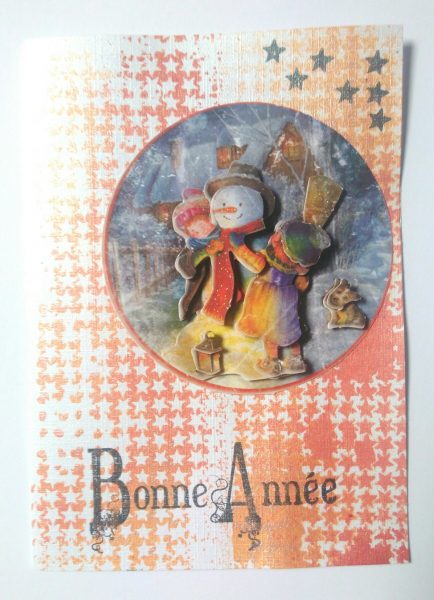 carte Bonne Année, bonhomme de neige, étoiles